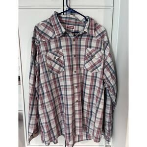 Wrangler Jeans Pearl Snap Western Shirt Mens 3XL Plaid Red Blue Vintage Cowboy